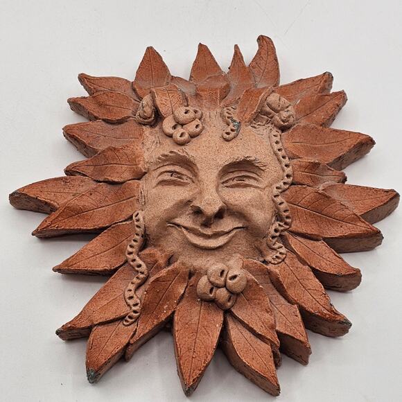 Terracotta Cast Stone Sunface Wall Art Vintage 1998 Artist Signed Outdoor Decor - Picture 1 of 7